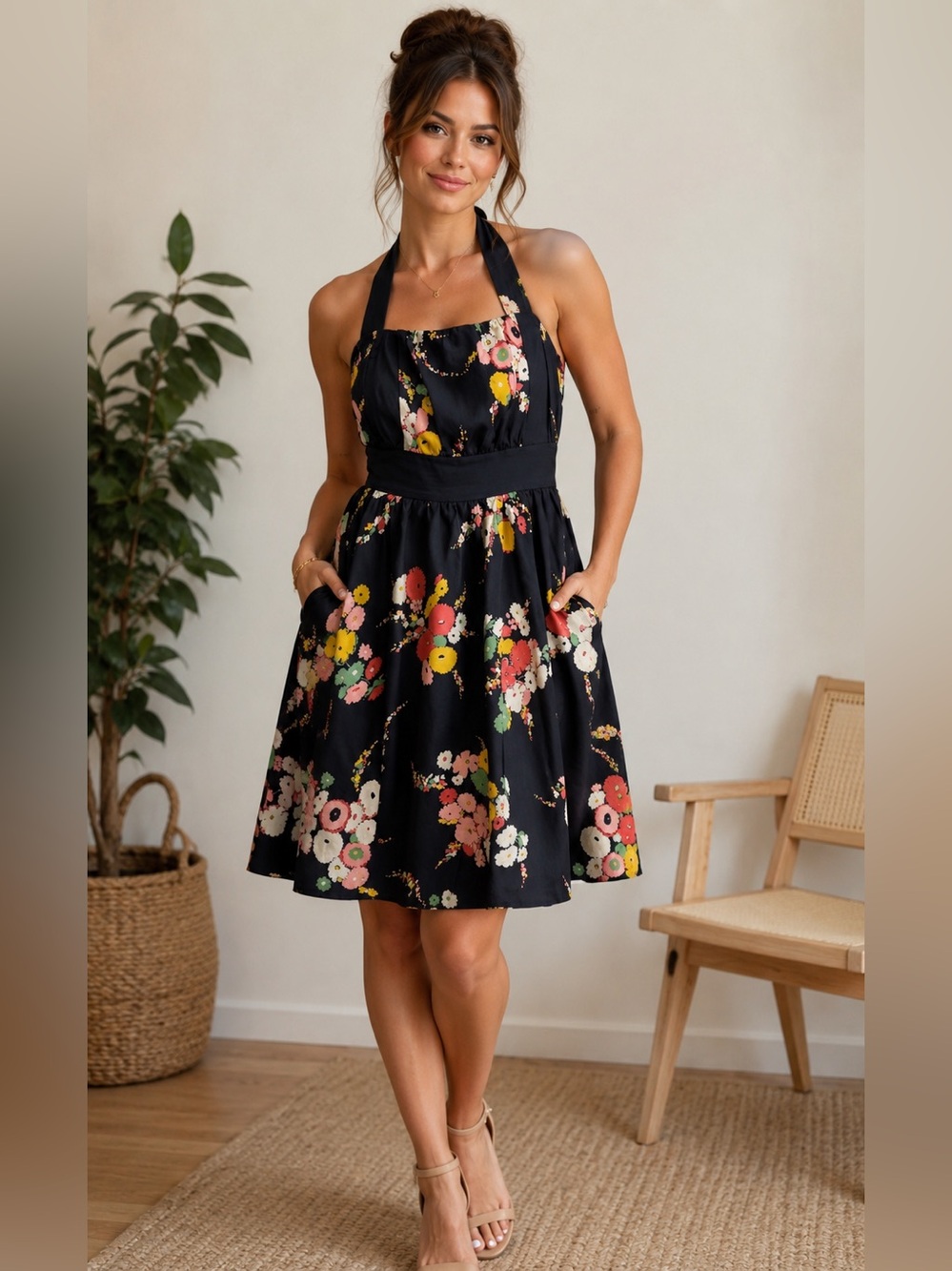 Moulinette Soeurs Anthropologie Silk Floral Halter Dress Size 8 Black Multicolor